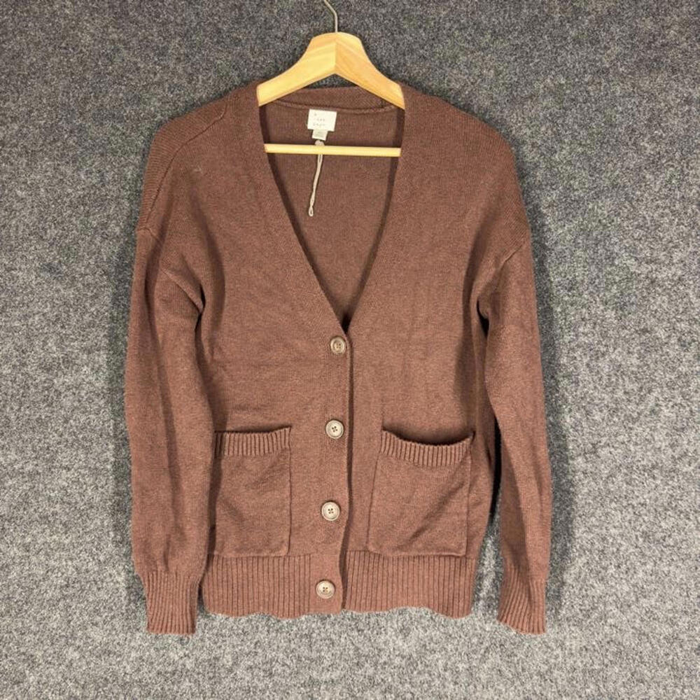 A New Day Cardigan Women XS Brown Knit V-Neck Button Long Sleeve Pockets Cotton